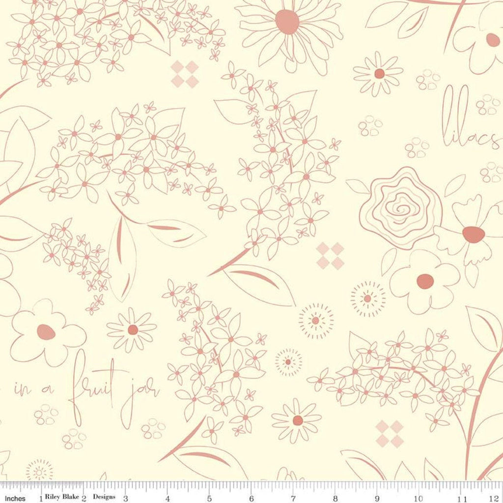 3 yard Cut- Adel in Spring WIDE BACK WB11431 Cream - Riley Blake Designs - 107/108" Wide Floral Flowers Text - Quilting Cotton Fabric