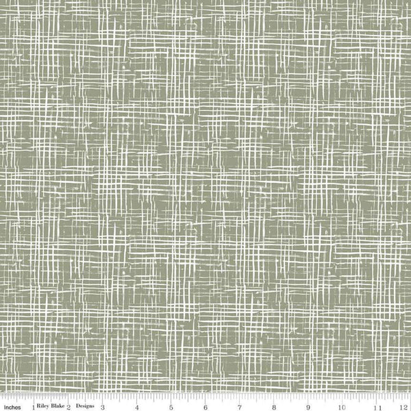 12" End of Bolt - The Waterhole Hatching C11845 Olive - Riley Blake Designs - White on Green Crosshatched Lines - Quilting Cotton Fabric