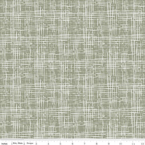 12" End of Bolt - The Waterhole Hatching C11845 Olive - Riley Blake Designs - White on Green Crosshatched Lines - Quilting Cotton Fabric