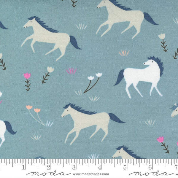 CLEARANCE Meander Horses 24580 Denim - Moda Fabrics - Animals Horse Farm Blue - Quilting Cotton Fabric