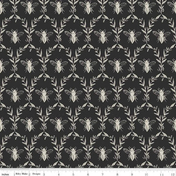18" End of Bolt - SALE Honey Bee Damask C11705 Black - Riley Blake Designs - Bees Leaves - Quilting Cotton Fabric