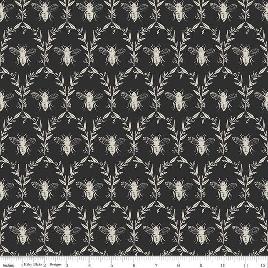 18" End of Bolt - SALE Honey Bee Damask C11705 Black - Riley Blake Designs - Bees Leaves - Quilting Cotton Fabric