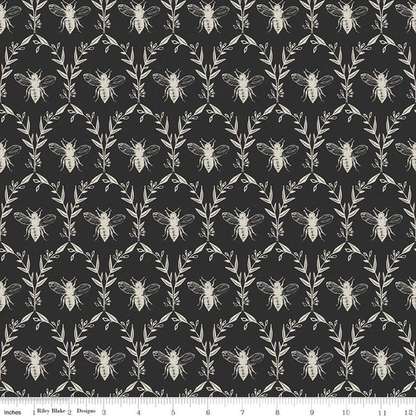 SALE Honey Bee Damask C11705 Black - Riley Blake Designs - Bees Leaves - Quilting Cotton Fabric