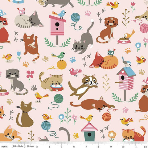 SALE Cat's Meow Main C11630 Pink - Riley Blake Designs - Cats Kittens Birds Bird Houses Paw Prints Flowers Yarn - Quilting Cotton Fabric