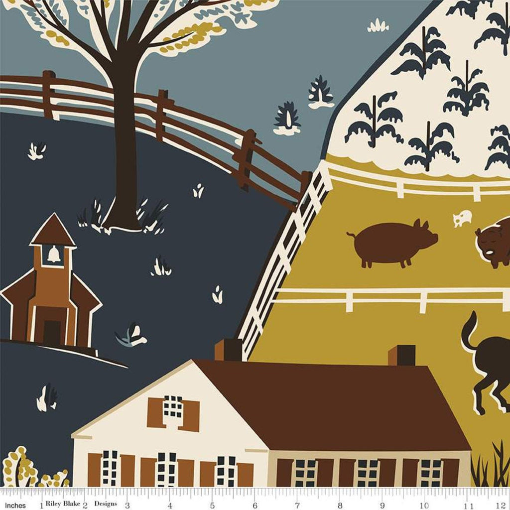 SALE Buttermilk Homestead C11650 Landscape - Riley Blake Designs - Countryside Scene Buildings People Animals - Quilting Cotton Fabric