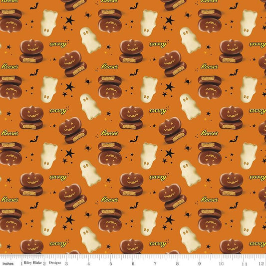 DEAL Celebrate with Hershey Main C11980 Orange - Riley Blake Designs - Halloween Reese's Ghosts Jack-o-Lanterns - Quilting Cotton Fabric