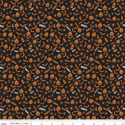 DEAL Celebrate with Hershey Pumpkins C11983 Black - Riley Blake - Halloween Spiders Bats Jack-o-Lanterns Hershey's - Quilting Cotton Fabric