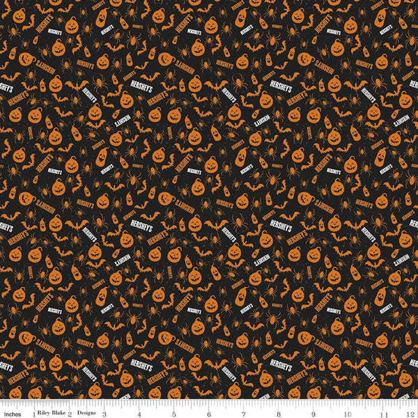 Celebrate with Hershey Pumpkins C11983 Black - Riley Blake - Halloween Spiders Bats Jack-o-Lanterns Hershey's - Quilting Cotton Fabric