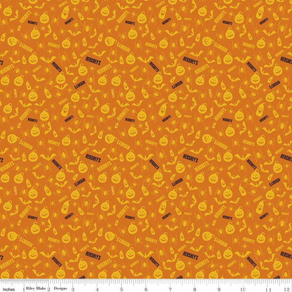 SALE Celebrate with Hershey Pumpkins C11983 Orange - Riley Blake - Halloween Spiders Bats Jack-o-Lanterns Hershey's - Quilting Cotton Fabric