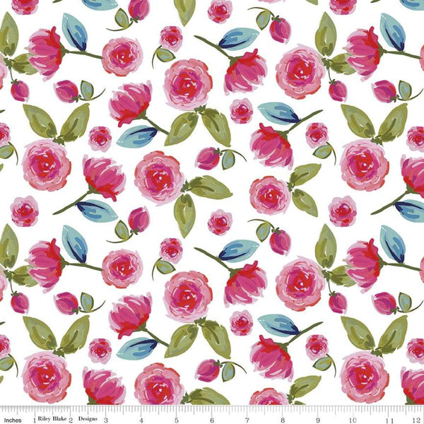 28" End of Bolt Piece - SALE Blissful Blooms Floral C11911 White - Riley Blake Designs - Flowers Leaves - Quilting Cotton Fabric