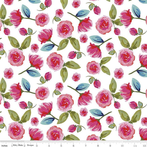 28" End of Bolt Piece - Blissful Blooms Floral C11911 White - Riley Blake Designs - Flowers Leaves - Quilting Cotton Fabric