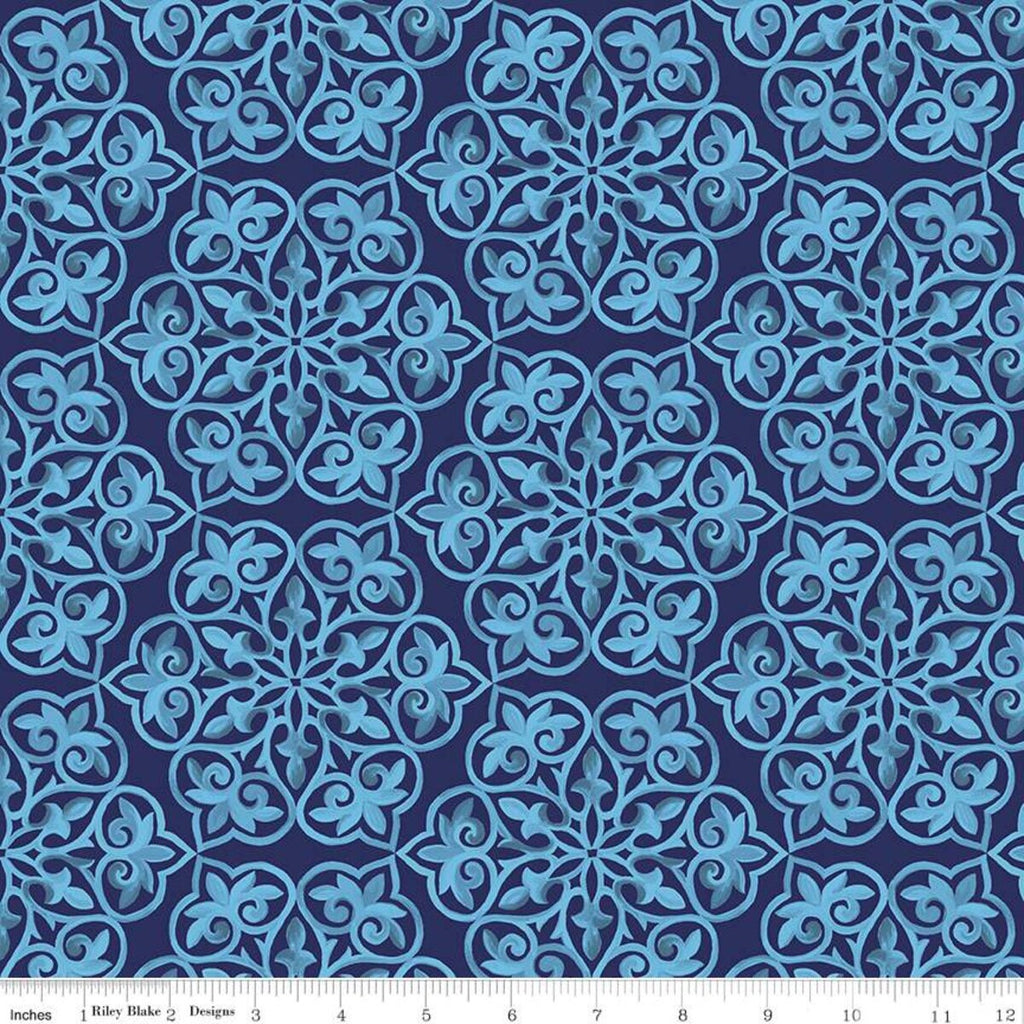 SALE Blissful Blooms Damask C11912 Navy - Riley Blake Designs - Tone-on-Tone Medallions - Quilting Cotton Fabric
