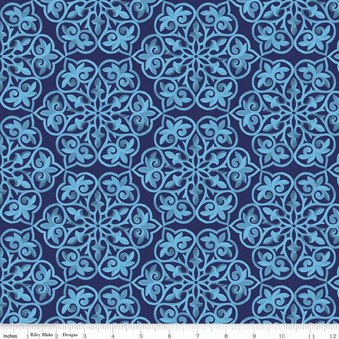 SALE Blissful Blooms Damask C11912 Navy - Riley Blake Designs - Tone-on-Tone Medallions - Quilting Cotton Fabric