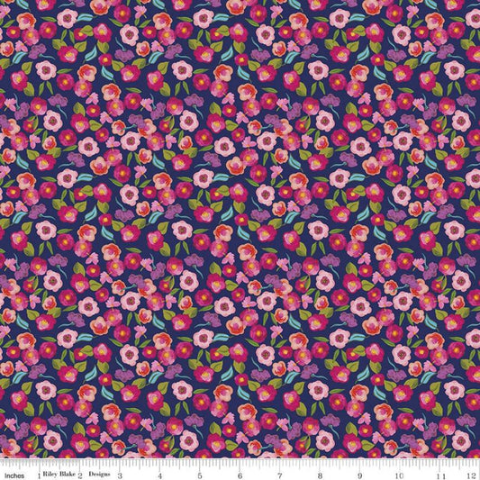 Blissful Blooms Blossoms C11913 Navy - Riley Blake Designs - Floral Flowers on Blue - Quilting Cotton Fabric