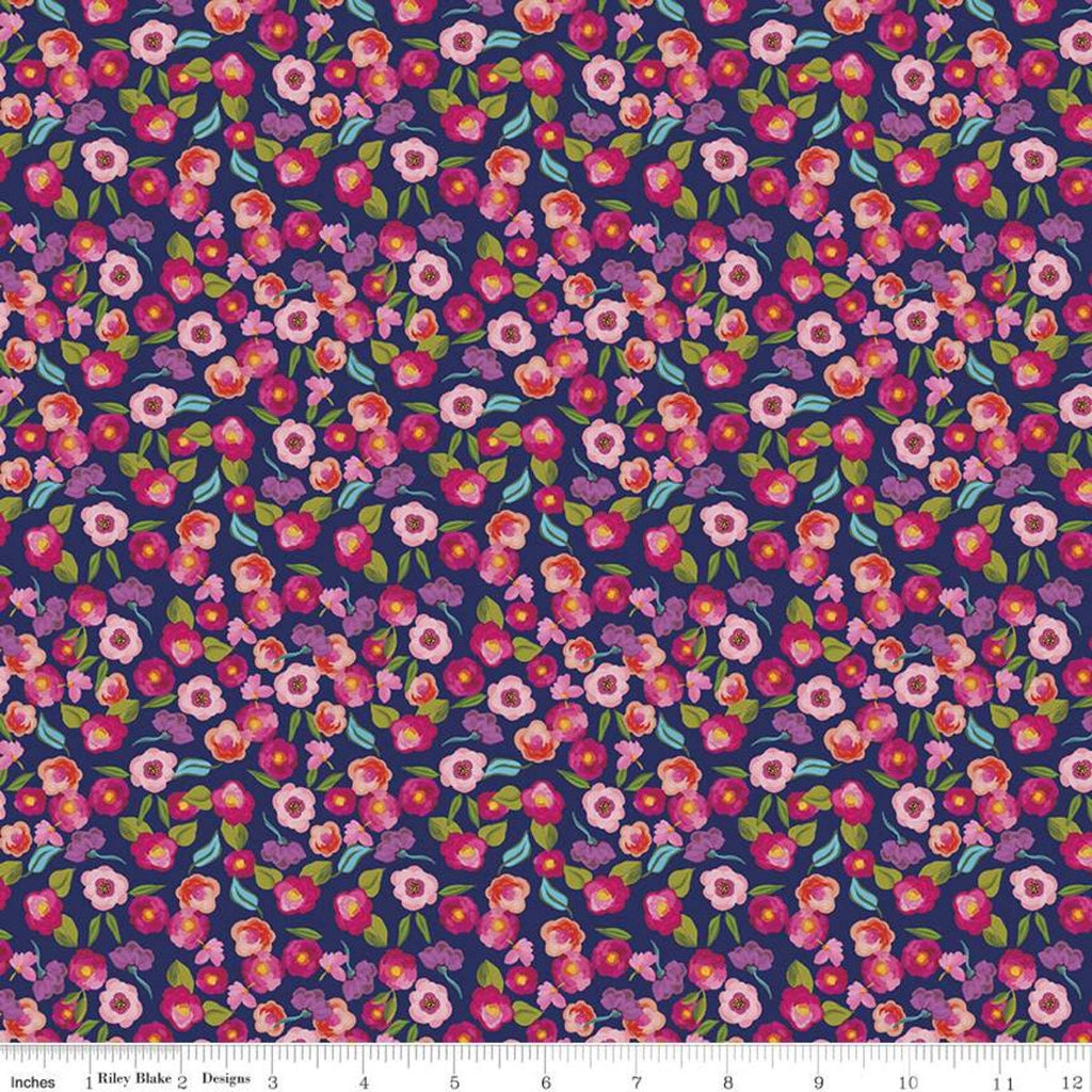 Blissful Blooms Blossoms C11913 Navy - Riley Blake Designs - Floral Flowers on Blue - Quilting Cotton Fabric