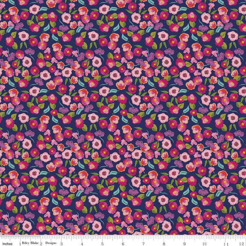 Blissful Blooms Blossoms C11913 Navy - Riley Blake Designs - Floral Flowers on Blue - Quilting Cotton Fabric