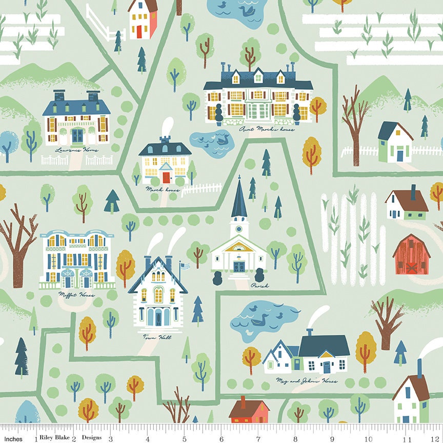 Little Women Map C11872 Light Green - Riley Blake Designs - Louisa May Alcott Houses Buildings Roads Trees  - Quilting Cotton Fabric