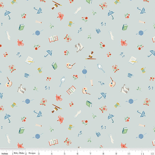 SALE Little Women Gifts C11875 Dusk - Riley Blake Designs - Louisa May Alcott Books Gloves Teapots Yarn Skates  - Quilting Cotton Fabric