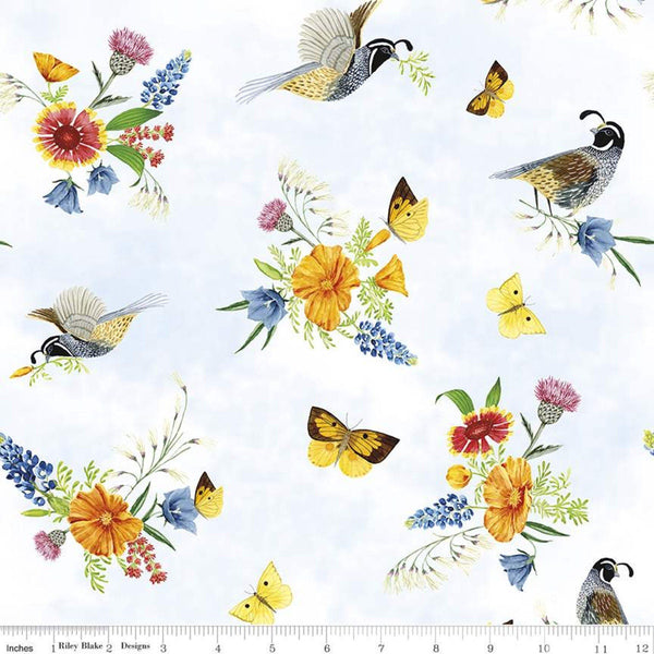 30" End of Bolt - SALE Golden Poppies Main C11800 White - Riley Blake - Floral Flowers Birds Quail Butterflies - Quilting Cotton Fabric