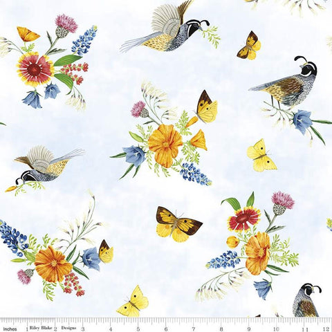 SALE Golden Poppies Main C11800 White - Riley Blake Designs - Floral Flowers Birds Quail Butterflies - Quilting Cotton Fabric