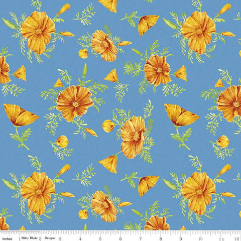 CLEARANCE Golden Poppies Flowers C11801 Turquoise - Riley Blake Designs - Floral Flower Blue - Quilting Cotton Fabric