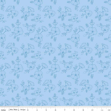 SALE Golden Poppies Tonal C11804 Blue - Riley Blake Designs - Floral Line-Drawn Flowers - Quilting Cotton Fabric