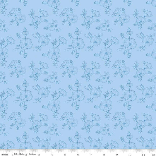 SALE Golden Poppies Tonal C11804 Blue - Riley Blake Designs - Floral Line-Drawn Flowers - Quilting Cotton Fabric