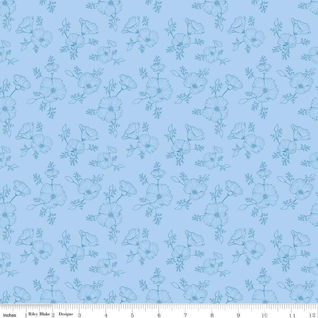 Golden Poppies Tonal C11804 Blue - Riley Blake Designs - Floral Line-Drawn Flowers - Quilting Cotton Fabric