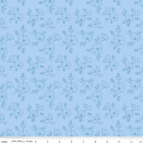 SALE Golden Poppies Tonal C11804 Blue - Riley Blake Designs - Floral Line-Drawn Flowers - Quilting Cotton Fabric