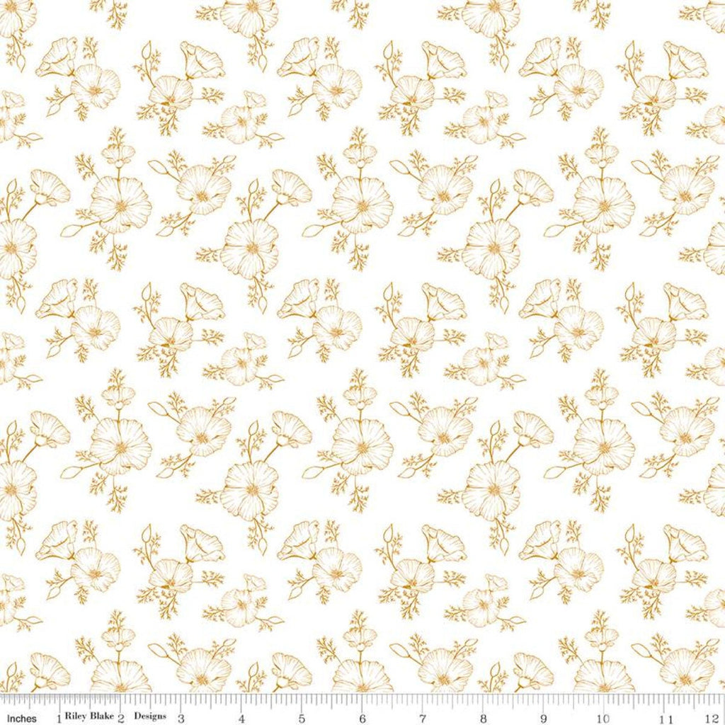 Golden Poppies Tonal C11804 White - Riley Blake Designs - Floral Line-Drawn Flowers - Quilting Cotton Fabric