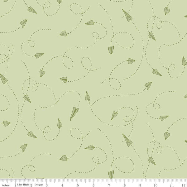 21" End of Bolt - SALE On the Wind Airplanes C11853 Green - Riley Blake Designs - Paper Airplanes Dashed Lines - Quilting Cotton Fabric