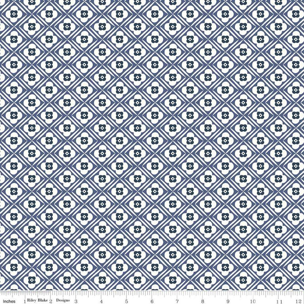 SALE Bee Plaids Hugs C12021 Denim by Riley Blake Designs - Diagonal Geometric Floral Flowers Blue - Lori Holt - Quilting Cotton Fabric
