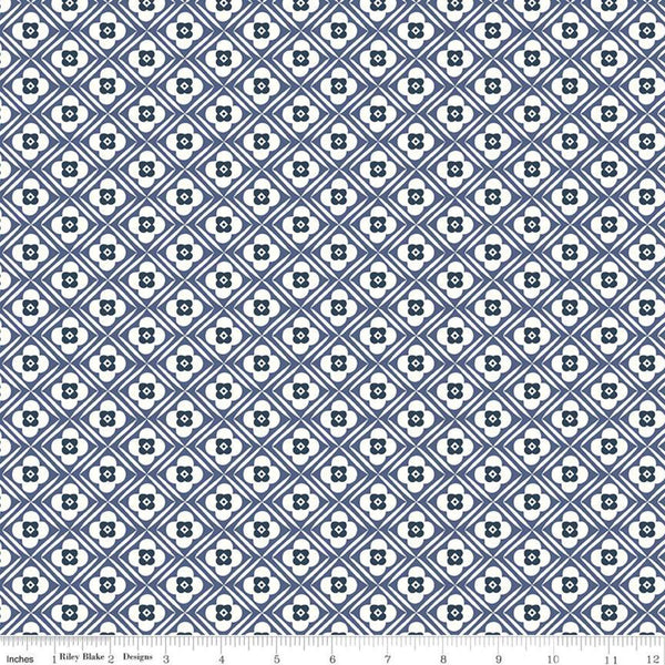 SALE Bee Plaids Hugs C12021 Denim by Riley Blake Designs - Diagonal Geometric Floral Flowers Blue - Lori Holt - Quilting Cotton Fabric