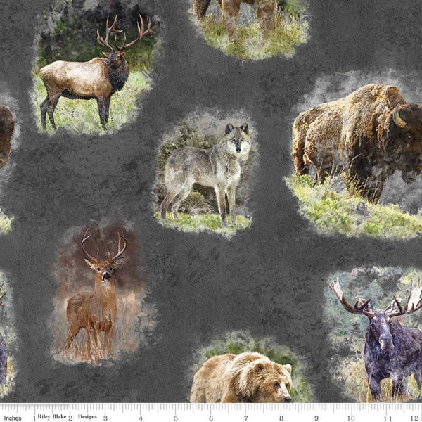 SALE Nature's Window Main CD11860 Charcoal - Riley Blake Designs - DIGITALLY PRINTED Animals Wolf Elk Deer Moose Bear - Quilting Cotton