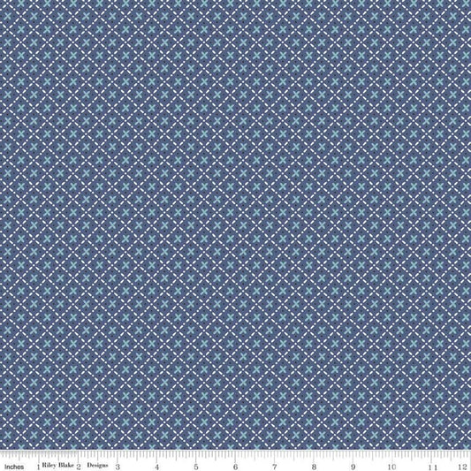 Bee Plaids Barn Dance C12028 Denim - Riley Blake Designs - Xs Dots Dashed-Line Lattice - Lori Holt - Quilting Cotton Fabric