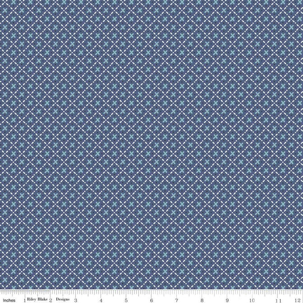 SALE Bee Plaids Barn Dance C12028 Denim by Riley Blake Designs - Xs Dots Dashed-Line Lattice - Lori Holt - Quilting Cotton Fabric