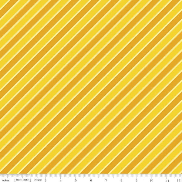 19" End of Bolt - Malibu Barbie Stripes C11722 Yellow - Riley Blake Designs - Diagonal Stripe Striped Nostalgia - Quilting Cotton Fabric