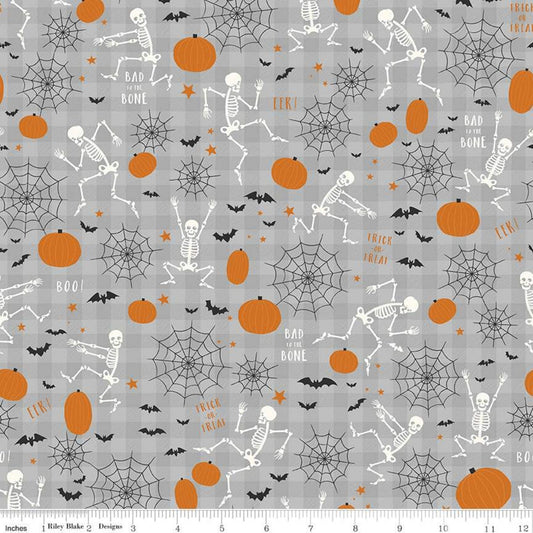 DEAL Bad to the Bone Main C11920 Gray - Riley Blake Designs - Halloween Skeletons Pumpkins Bats Webs on Gingham - Quilting Cotton Fabric