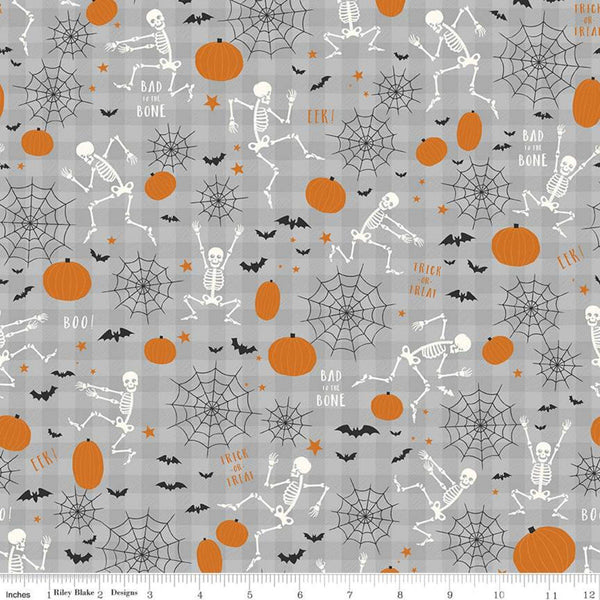 SALE Bad to the Bone Main C11920 Gray - Riley Blake Designs - Halloween Skeletons Pumpkins Bats Webs on Gingham - Quilting Cotton Fabric