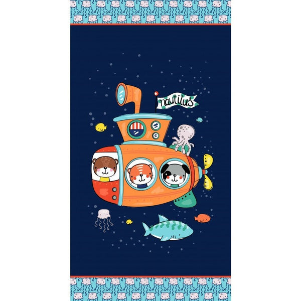 SALE Nautilus Orange Submarine DCX10394 Navy Panel - Michael Miller - Juvenile Ocean Undersea Submarine Dog Shark - Quilting Cotton Fabric