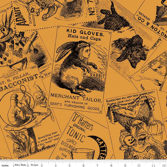 DEAL Mad Masquerade Card Toss CD11957 Orange - Riley Blake - Alice in Wonderland Halloween Trading Cards DIGITALLY PRINTED - Quilting Cotton