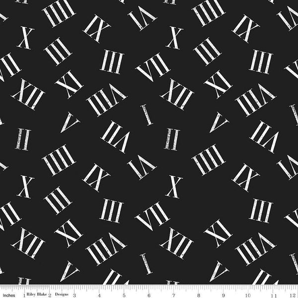 Mad Masquerade Roaming Numerals C11960 Black - Riley Blake - Halloween Alice in Wonderland Roman Numerals - Quilting Cotton Fabric