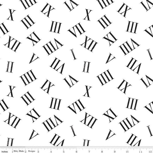 SALE Mad Masquerade Roaming Numerals C11960 White - Riley Blake - Halloween Alice in Wonderland Roman Numerals - Quilting Cotton Fabric