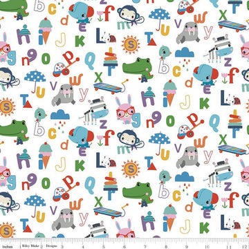 Let's Play Alphabet C11882 White - Riley Blake Designs - Fisher-Price Animals Toys Letters - Quilting Cotton Fabric - Licensed Product