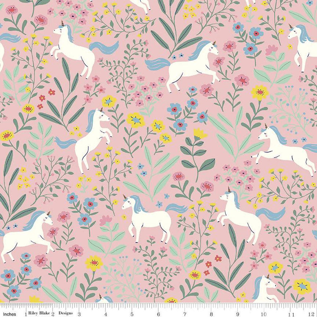 FLANNEL Unicorns F12000 Pink - Riley Blake Designs - Juvenile Unicorns Flowers Trees - FLANNEL Cotton Fabric