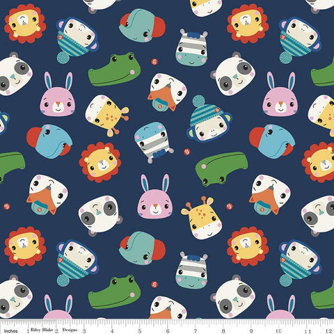 CLEARANCE FLANNEL Let's Play Heads F12013 Navy - Riley Blake  - Fisher-Price Animals Children's Blue - FLANNEL Cotton