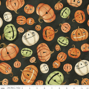 SALE Halloween Whimsy Pumpkins C11821 Black - Riley Blake Designs - Jack-o-Lanterns - Quilting Cotton Fabric