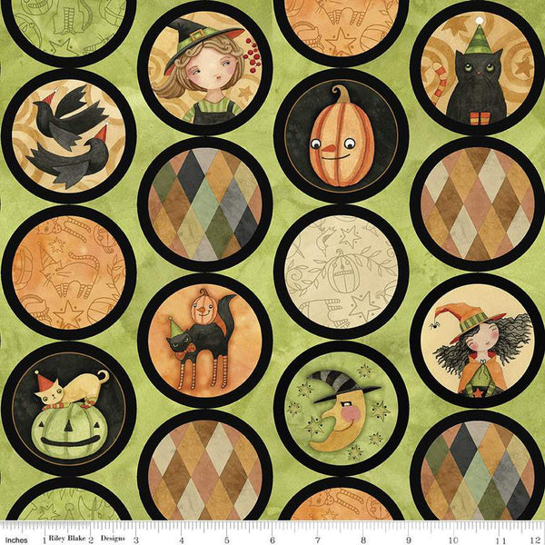 21" End of Bolt - CLEARANCE Halloween Whimsy Circles CD11825 Green - Riley Blake Designs - DIGITALLY PRINTED Vignettes - Quilting Cotton