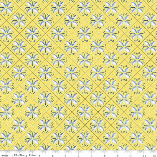 Fat Quarter End of Bolt Piece - Sunshine & Dewdrops Tile C11971 Yellow - Riley Blake - Geometric Leaf Medallions - Quilting Cotton Fabric