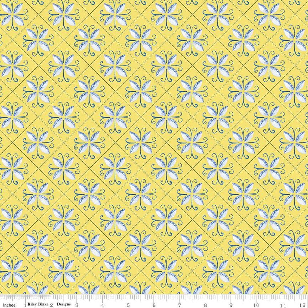 Sunshine and Dewdrops Tile C11971 Yellow - Riley Blake Designs - Geometric Leaf Medallions - Quilting Cotton Fabric